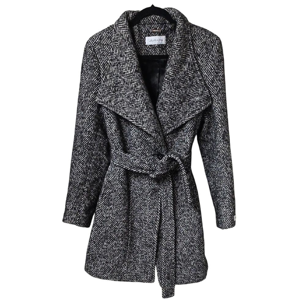 Calvin Klein Belted Chevron Herringbone Wool Blend Wrap Coat Womens XL